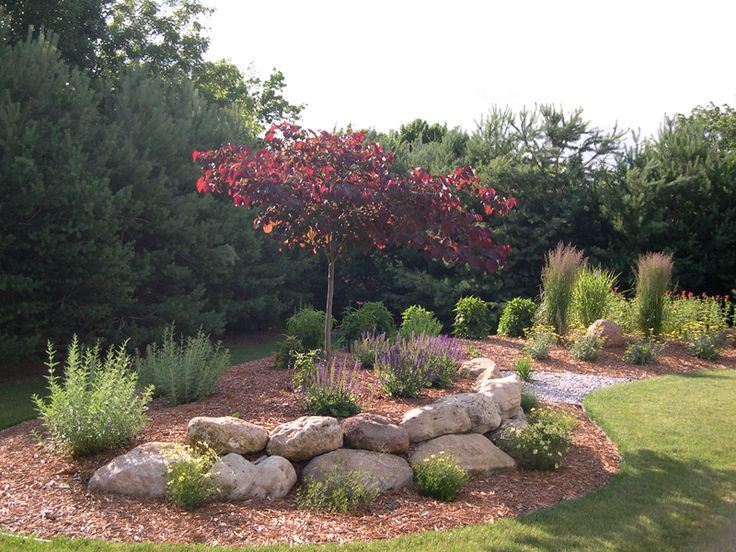 Garden berm with stone edging, ornamental grasses, and flowering plants in a landscaped yard